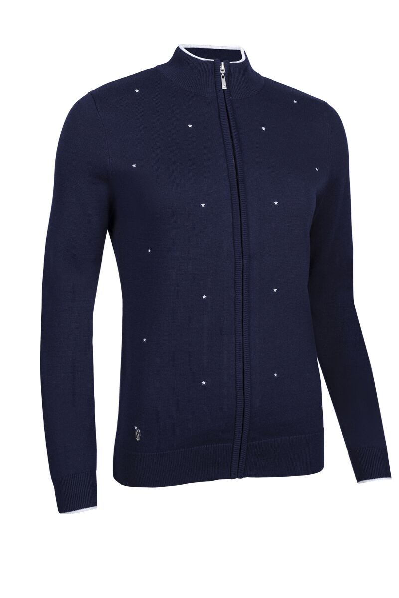 Ladies Full Zip Embroidered Star Cotton Golf Sweater Sale Navy/Silver M