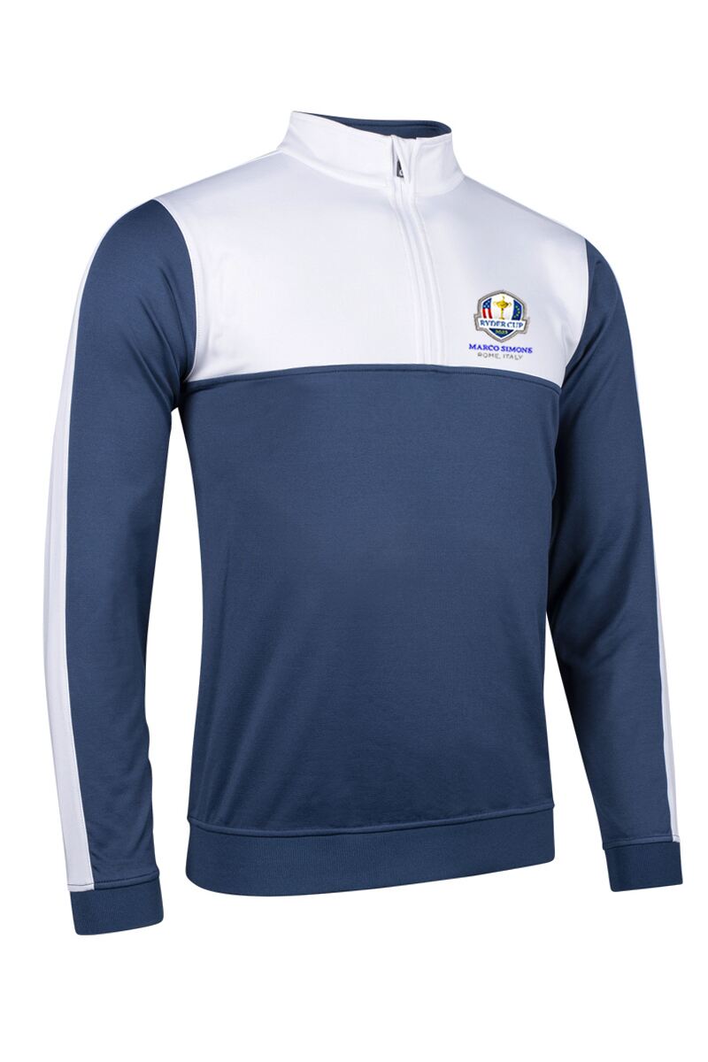 Official Ryder Cup 2025 Mens Quarter Zip Thermal Panelled Fleece Showerproof Golf Midlayer Airforce/White S