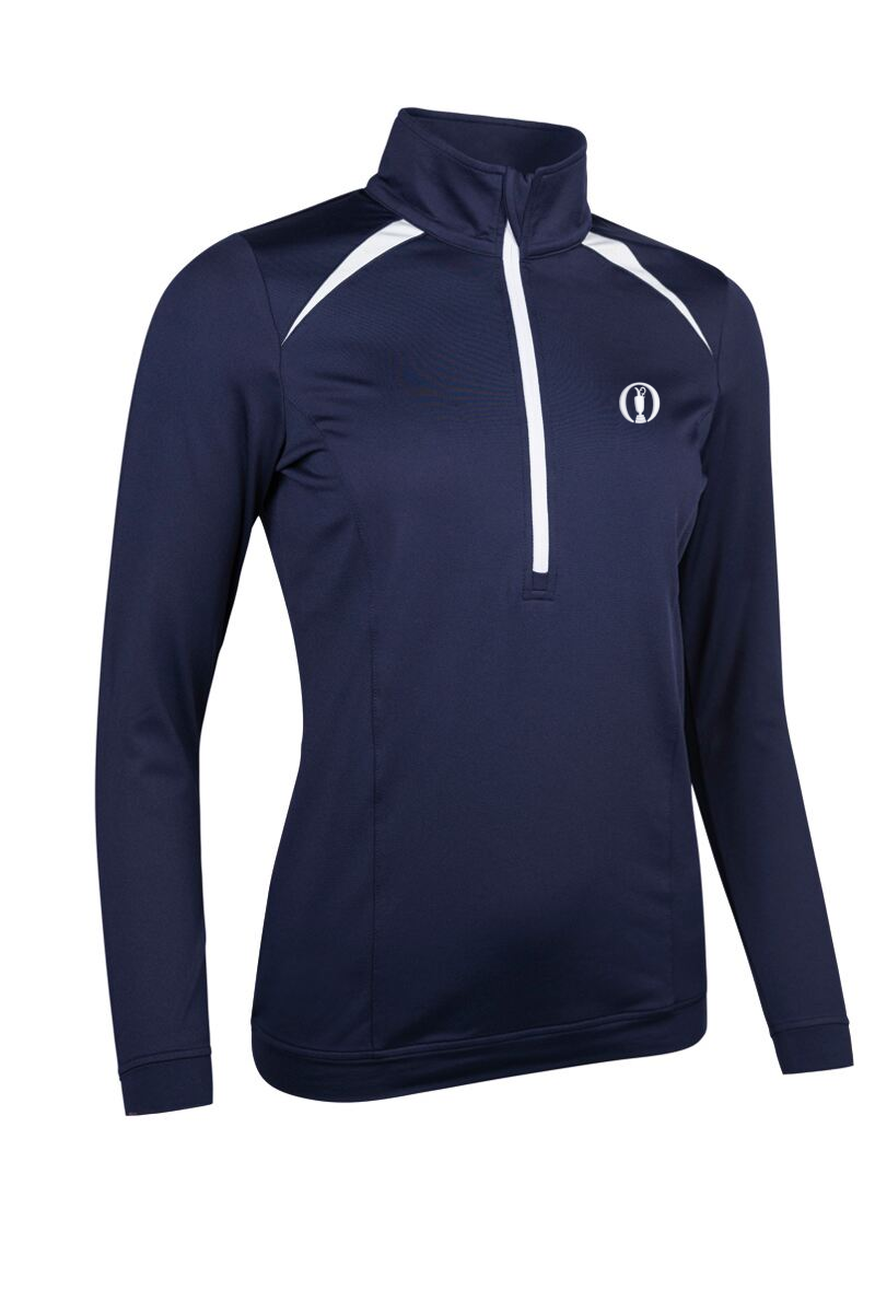 The Open Ladies Quarter Zip Shoulder Panelled Performance Fleece Golf Midlayer Navy/White S