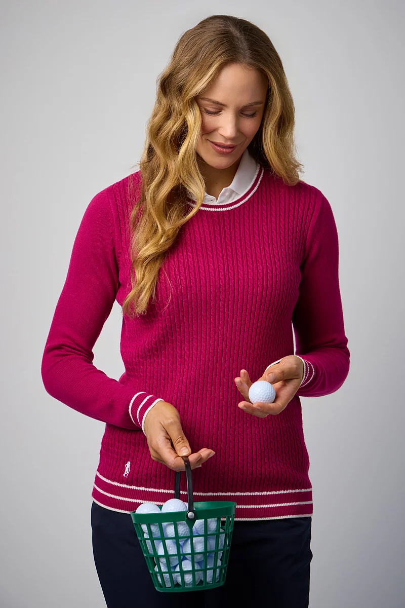 Ladies Crew Neck Micro Cable Midweight Merino Golf Sweater