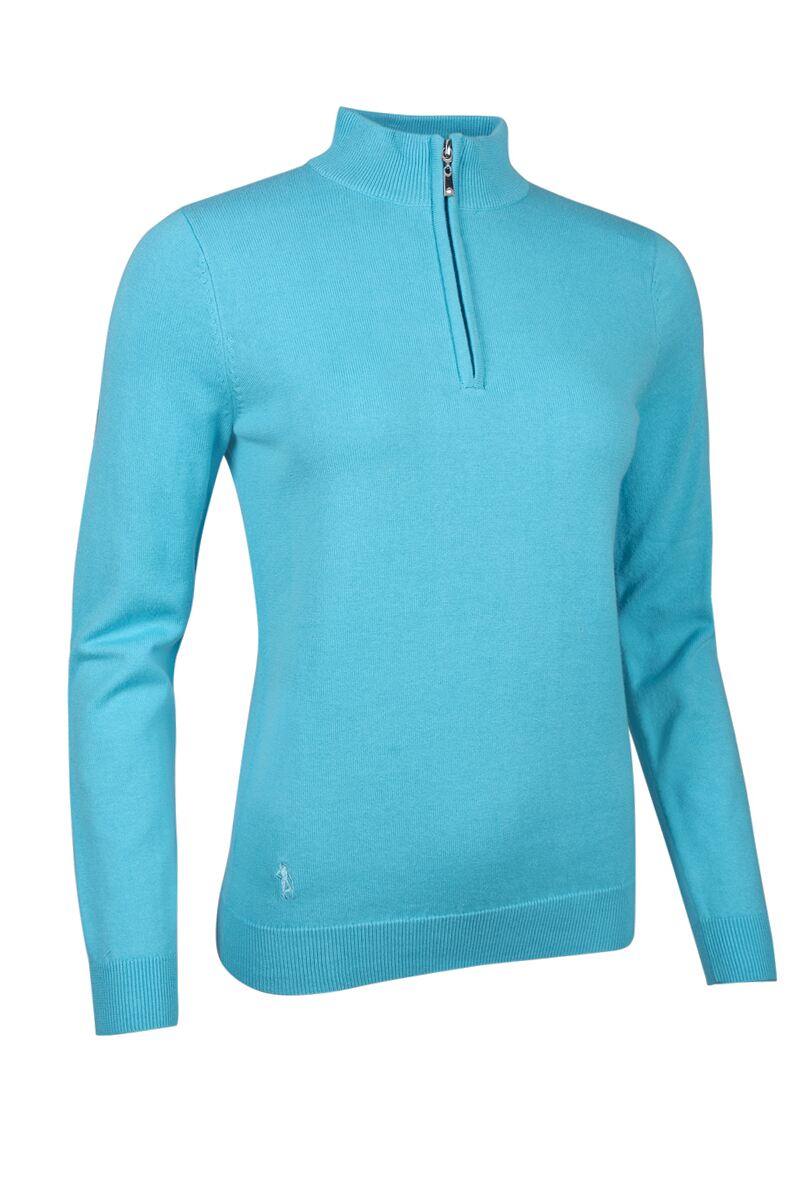 Ladies Quarter Zip Lightweight Cotton Golf Sweater Aqua M
