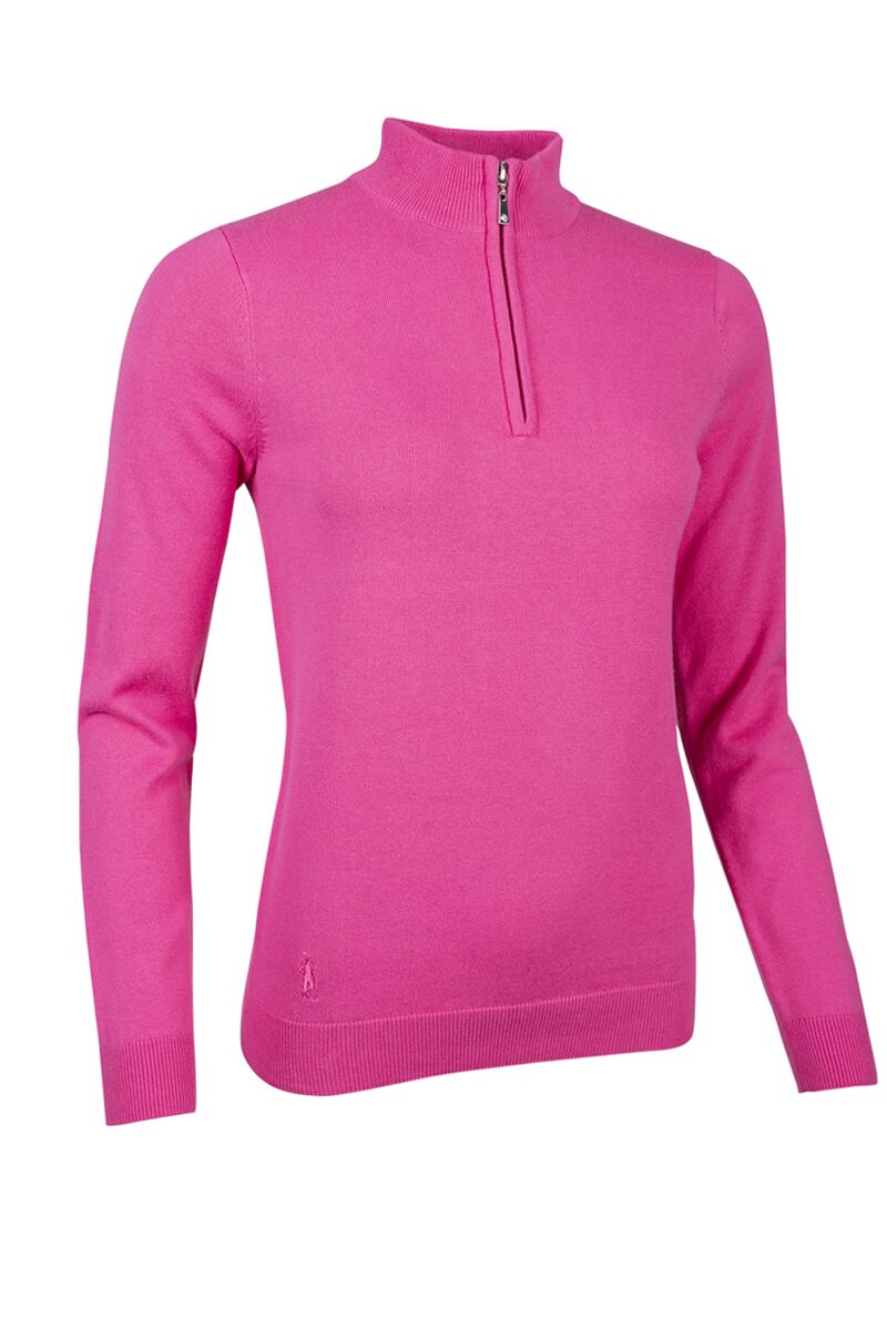 Ladies Quarter Zip Lightweight Cotton Golf Sweater Hot Pink L