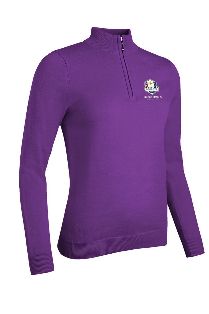 Official Ryder Cup 2025 Ladies Quarter Zip Cotton Golf Sweater Royal Purple L