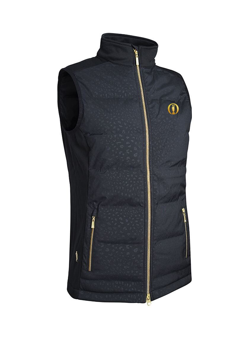 The Open Ladies Zip Front Bonded Padded Down Golf Gilet Black Animal Print L