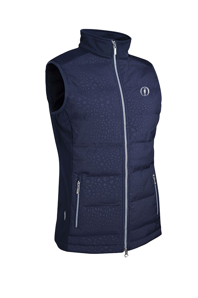The Open Ladies Zip Front Bonded Padded Down Golf Gilet Navy Animal Print M