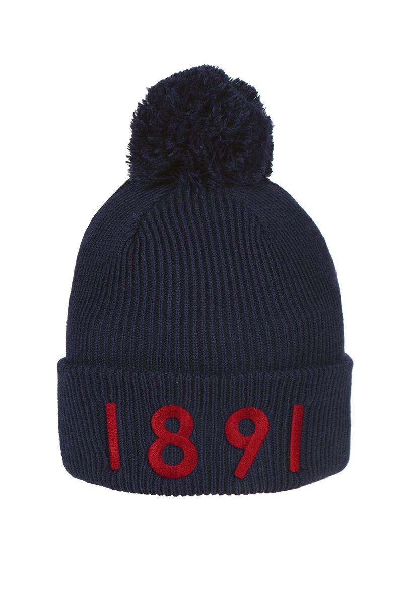 Mens And Ladies Thermal Lined Turn Up Rib Merino 1891 Heritage Bobble Hat Navy/Garnet One Size