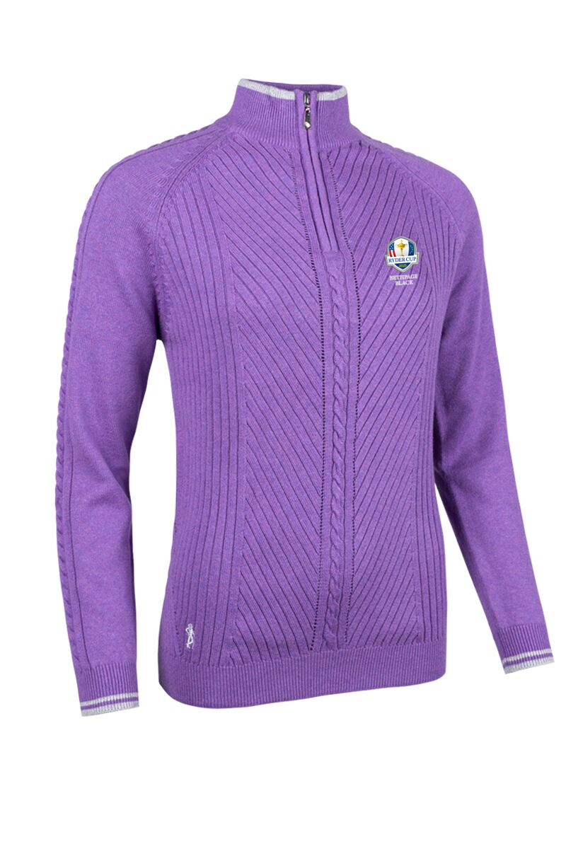 Official Ryder Cup 2025 Ladies Quarter Zip Rib Cable Touch of Cashmere Golf Sweater Amethyst Marl/Silver S