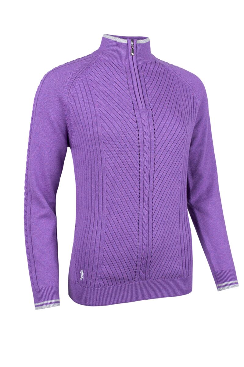 Ladies Quarter Zip Rib Cable Touch of Cashmere Golf Sweater Amethyst Marl/Silver S