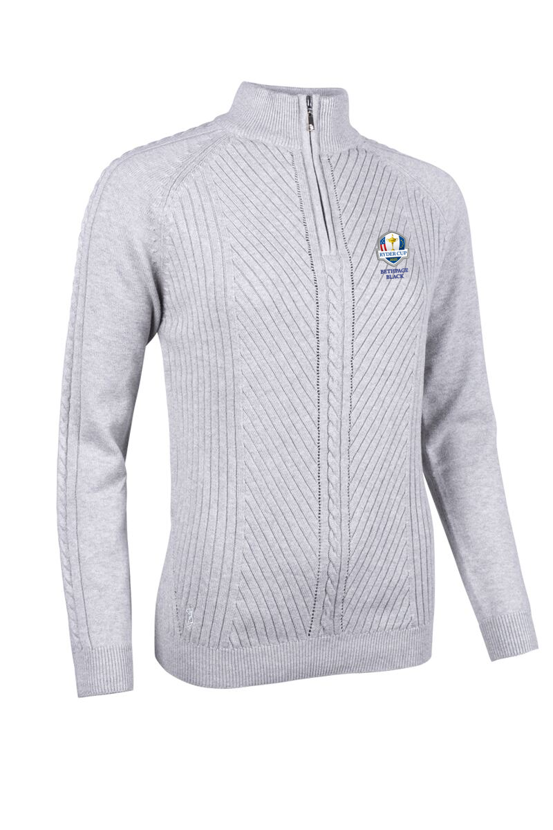 Official Ryder Cup 2025 Ladies Quarter Zip Rib Cable Touch of Cashmere Golf Sweater Light Grey Marl/Silver M