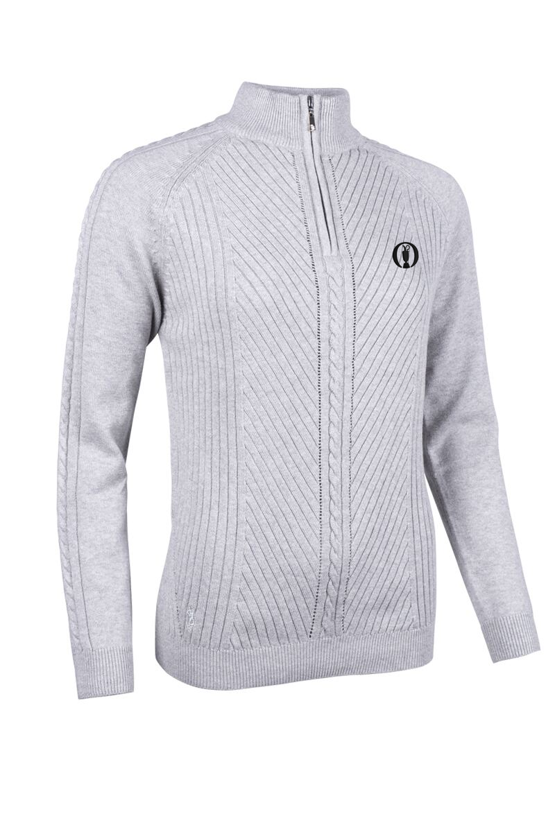 The Open Ladies Quarter Zip Rib Cable Touch of Cashmere Golf Sweater Light Grey Marl/Silver S