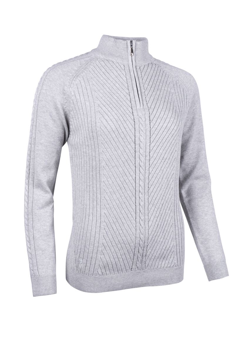 Ladies Quarter Zip Rib Cable Touch of Cashmere Golf Sweater Light Grey Marl/Silver M
