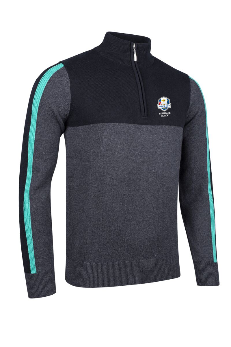 Official Ryder Cup 2025 Mens Quarter Zip Sleeve Stripe Touch of Cashmere Golf Sweater Charcoal Marl/Black/Marine Green S