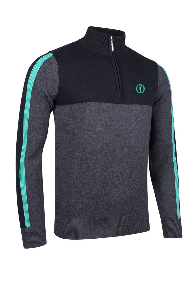 The Open Mens Quarter Zip Sleeve Stripe Touch of Cashmere Golf Sweater Charcoal Marl/Black/Marine Green XL