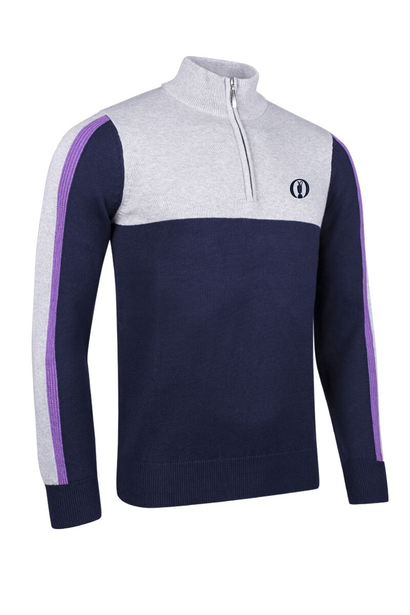 The Open Mens Quarter Zip Sleeve Stripe Touch of Cashmere Golf Sweater Navy/Light Grey Marl/Amethyst Marl S