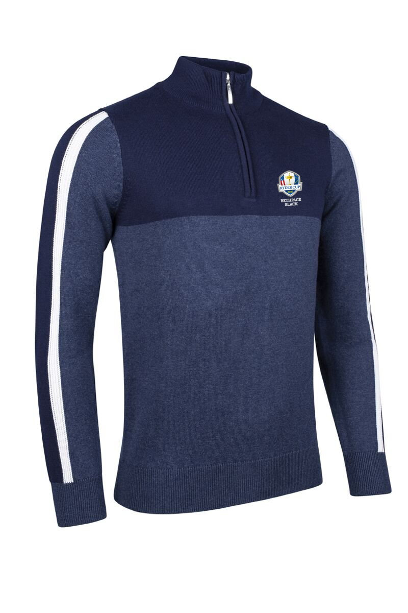 Official Ryder Cup 2025 Mens Quarter Zip Sleeve Stripe Touch of Cashmere Golf Sweater Navy Marl/Navy/White S