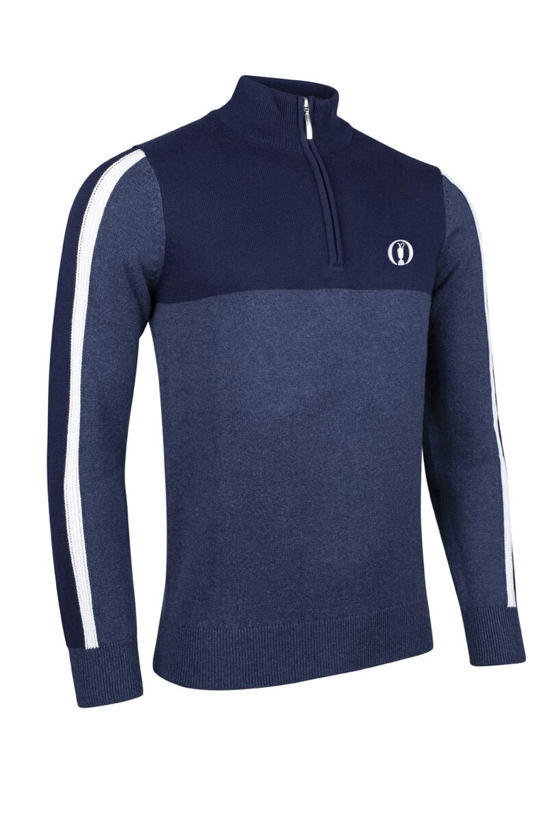 The Open Mens Quarter Zip Sleeve Stripe Touch of Cashmere Golf Sweater Navy Marl/Navy/White L