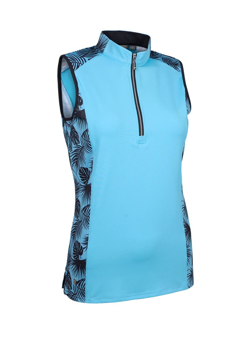 Ladies Printed Panel Zip Collar Sleeveless Performance Golf Shirt Aqua/Black Tropical Print S