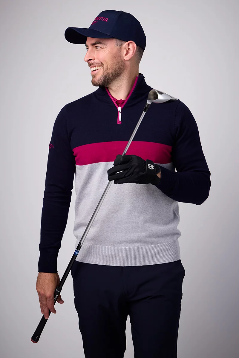 Mens Quarter Zip Colour Block Cotton Lightweight Golf Sweater