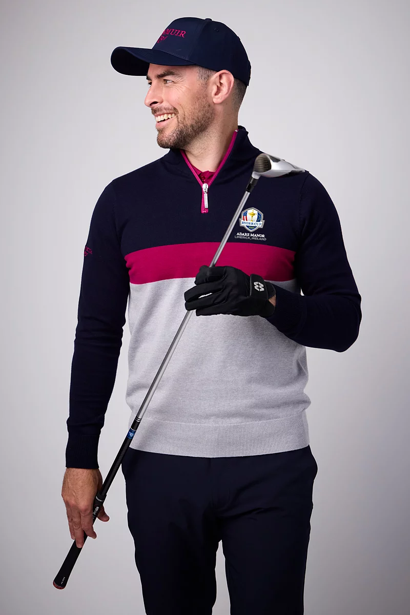 Official Ryder Cup 2027 Mens Quarter Zip Colour Block Cotton Lightweight Golf Sweater