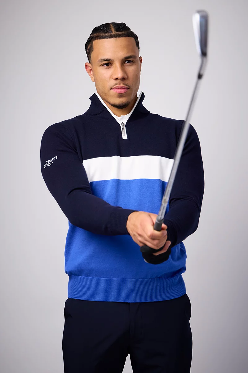 Mens Quarter Zip Colour Block Cotton Lightweight Golf Sweater