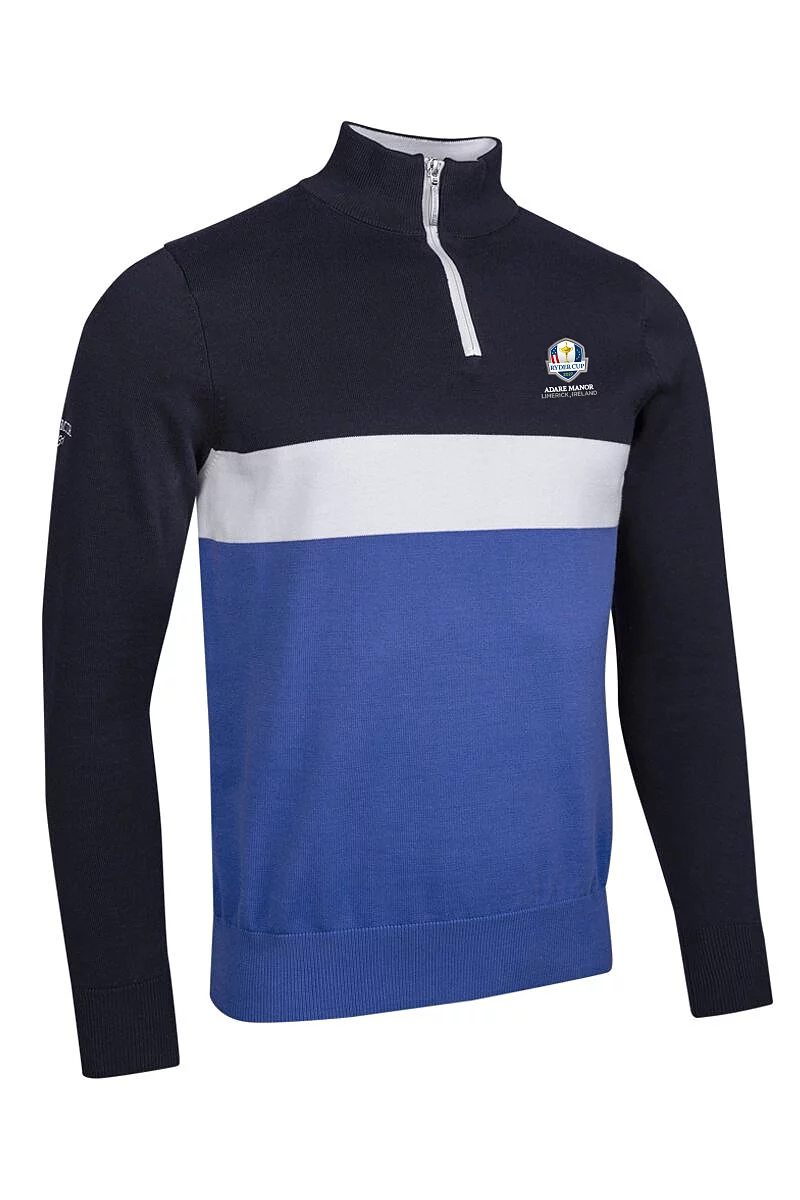 Official Ryder Cup 2027 Mens Quarter Zip Colour Block Cotton Lightweight Golf Sweater Navy/Tahiti/White XXL
