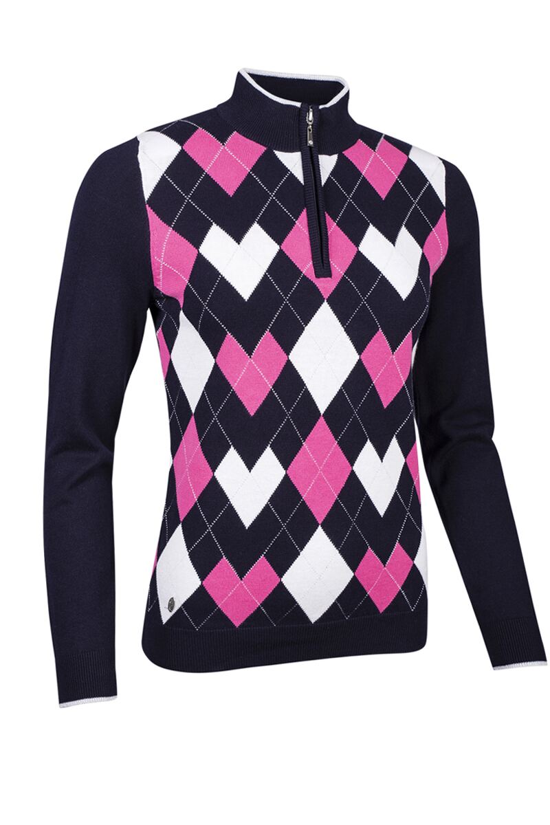 Ladies Quarter Zip Diamond Heart Argyle Cotton Golf Sweater Navy/Hot Pink S