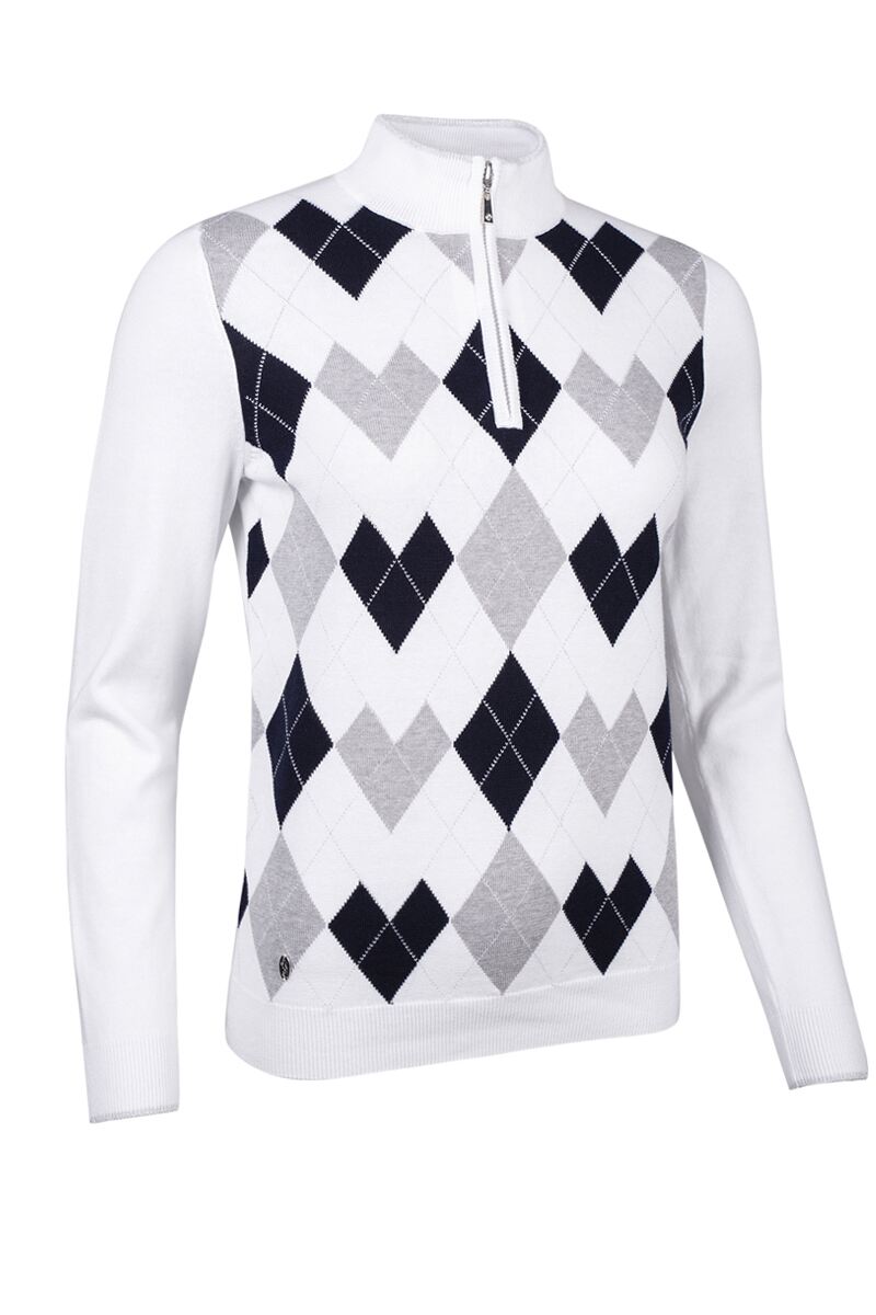 Ladies Quarter Zip Diamond Heart Argyle Cotton Golf Sweater White/Navy L