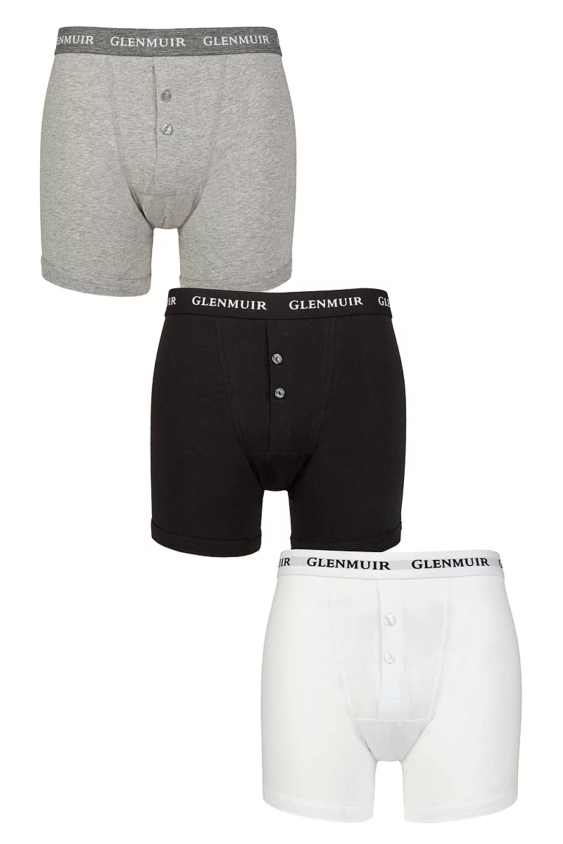 Glenmuir Mens 3 Pack William Button Front Cotton Boxer Shorts Assorted S
