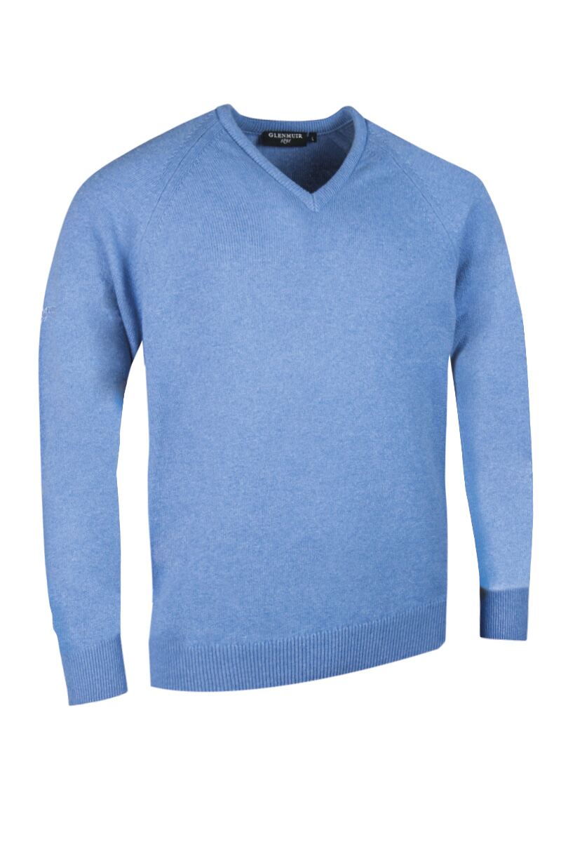 Glenmuir Mens V Neck Raglan Sleeve Lambswool Blend Golf Sweater Sale Sky S