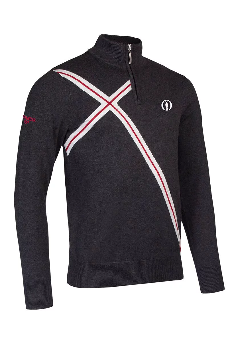 Official Ryder Cup 2027 Mens Quarter Zip Abstract Cross Cotton Lightweight Golf Sweater Charcoal/White/Garnet XS