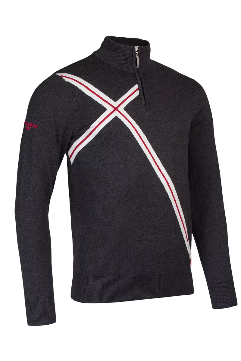 Official Ryder Cup 2027 Mens Quarter Zip Abstract Cross Cotton Lightweight Golf Sweater Charcoal/White/Garnet XL
