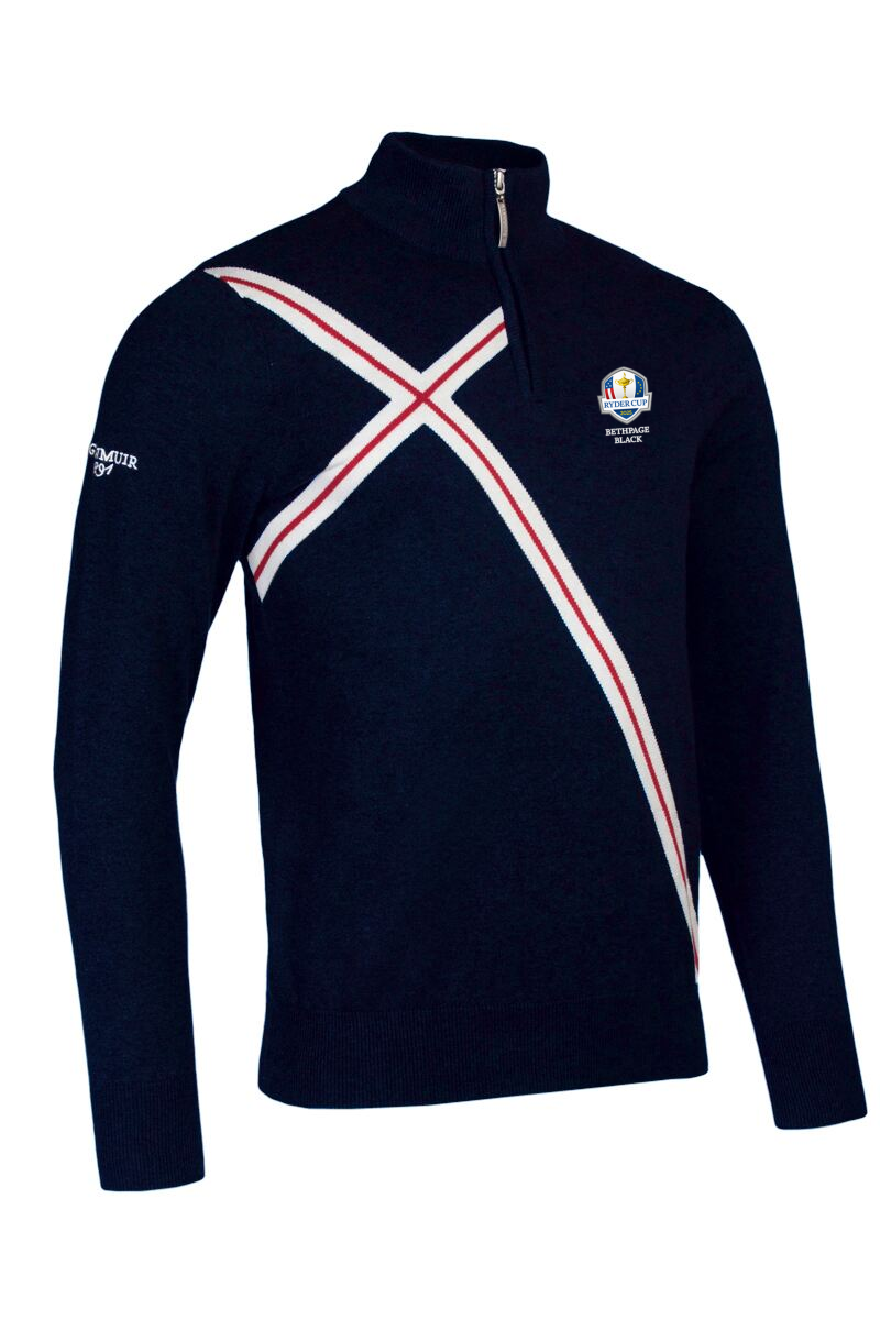 Official Ryder Cup 2025 Mens Quarter Zip Abstract Cross Cotton Golf Sweater Navy/White/Garnet XS