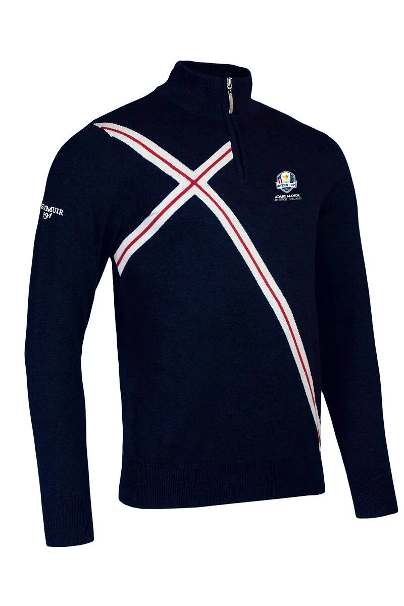 Official Ryder Cup 2027 Mens Quarter Zip Abstract Cross Cotton Lightweight Golf Sweater Navy/White/Garnet XS