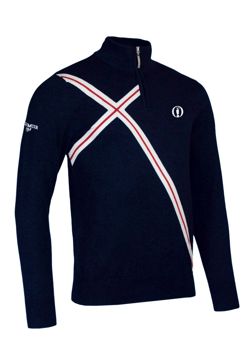 The Open Mens Quarter Zip Abstract Cross Cotton Golf Sweater Navy/White/Garnet XS