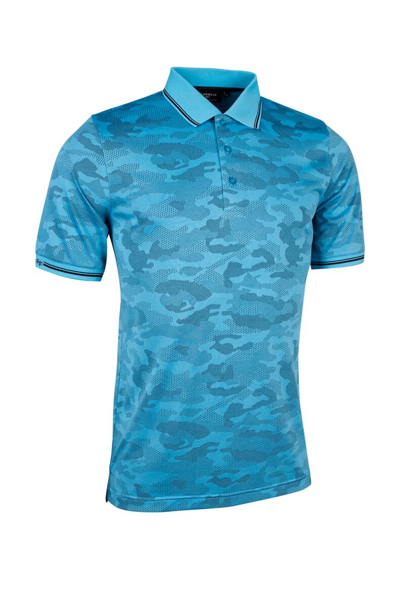 Mens Camo Jacquard Collar and Cuffs Performance Golf Polo Shirt Aqua/Black S