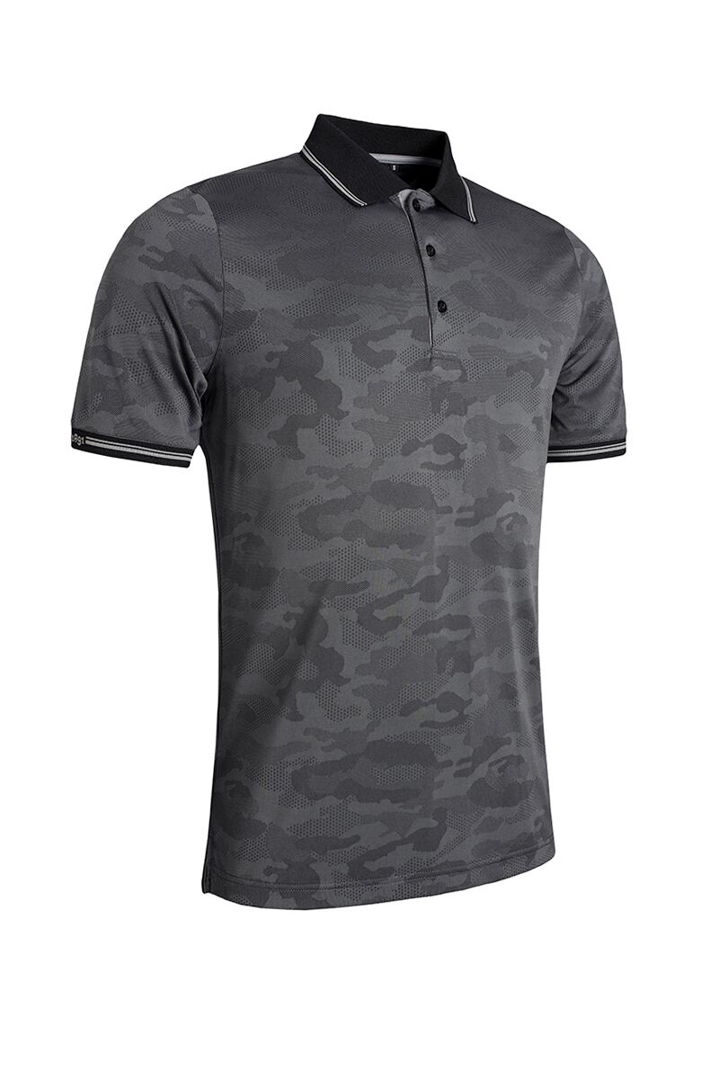 Mens Camo Jacquard Collar and Cuffs Performance Golf Polo Shirt Black/Light Grey S