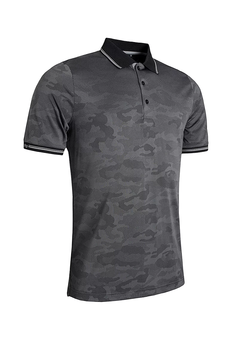 Mens Camo Jacquard Collar and Cuffs Performance Golf Polo Shirt Sale Black/Light Grey XXL
