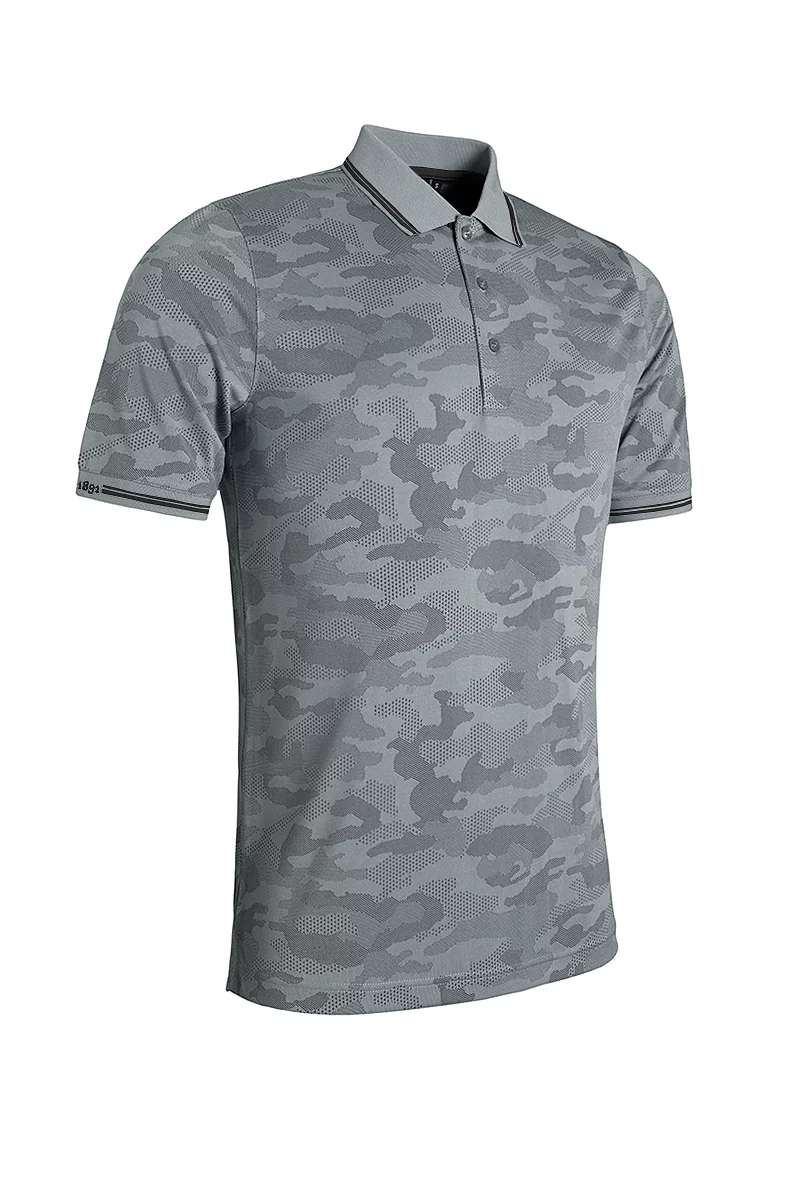 Mens Camo Jacquard Collar and Cuffs Performance Golf Polo Shirt Sale Light Grey/Black XXL
