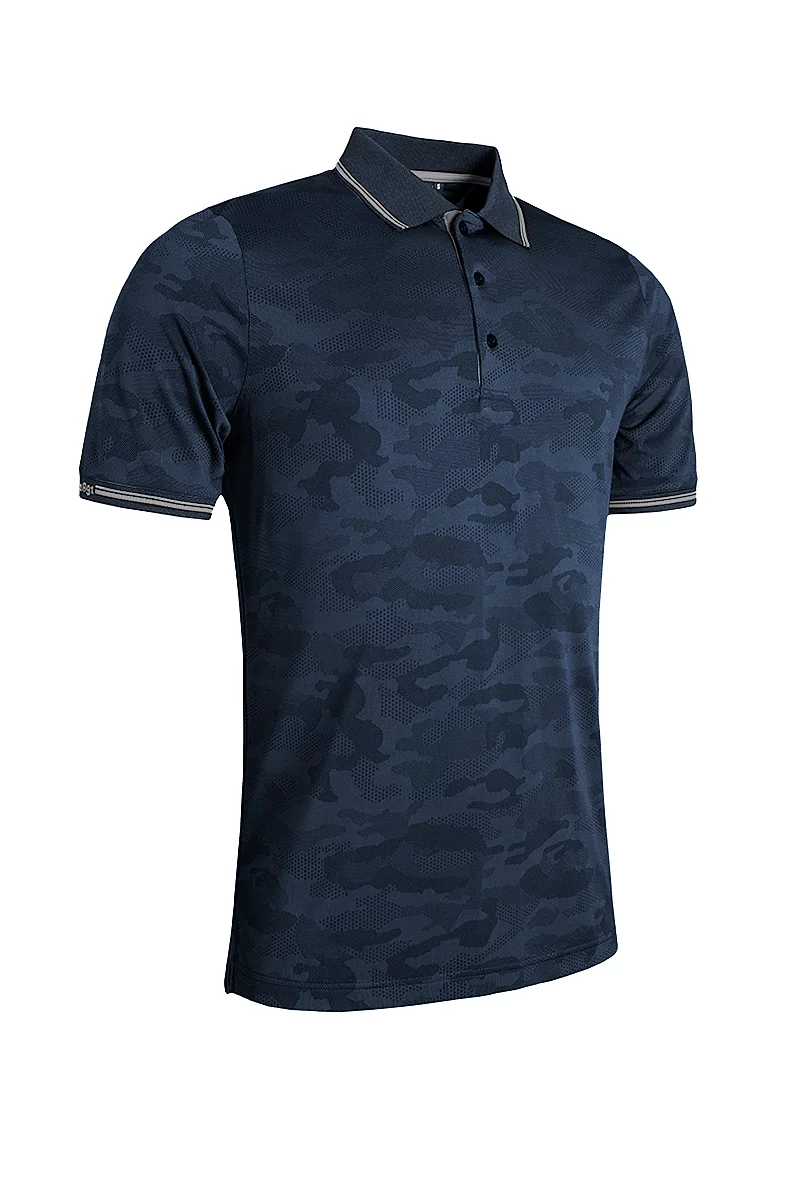 Mens Camo Jacquard Collar and Cuffs Performance Golf Polo Shirt Sale Navy/Light Grey L