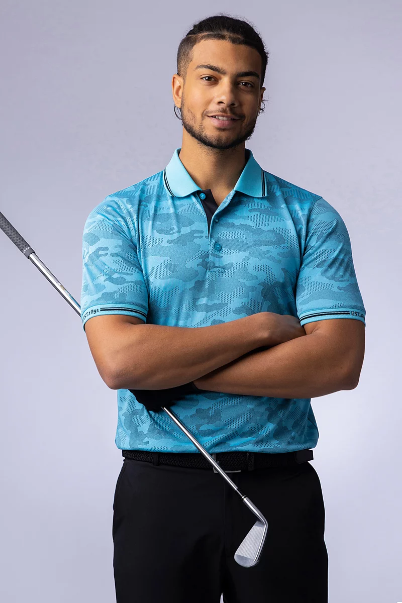 Mens Camo Jacquard Collar and Cuffs Performance Golf Polo Shirt Sale