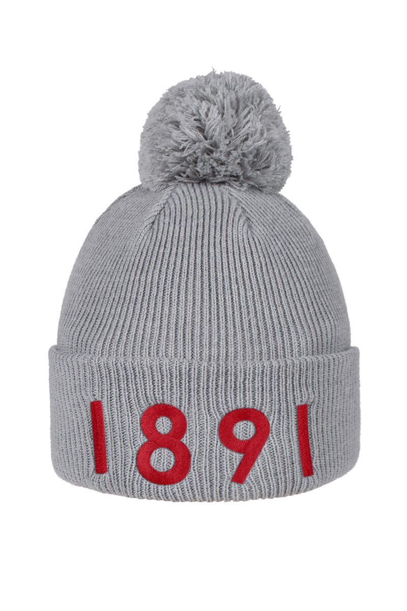 Mens And Ladies Thermal Lined Turn Up Rib Merino 1891 Heritage Bobble Hat Mid Grey Marl/Garnet One Size