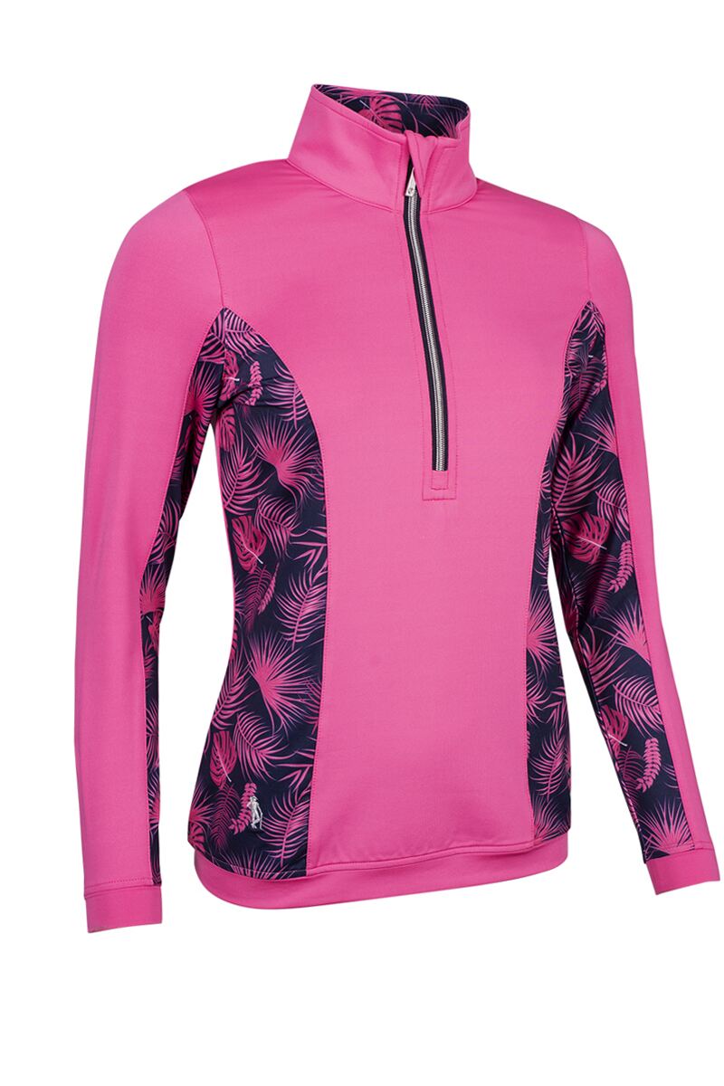 Ladies Quarter Zip Shaped Panel Performance Golf Midlayer Hot Pink/Navy Tropical Print M