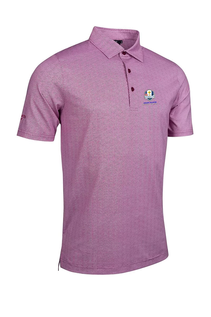 Official Ryder Cup 2027 Mens Micro Fan Print Performance Golf Shirt White/Raspberry M