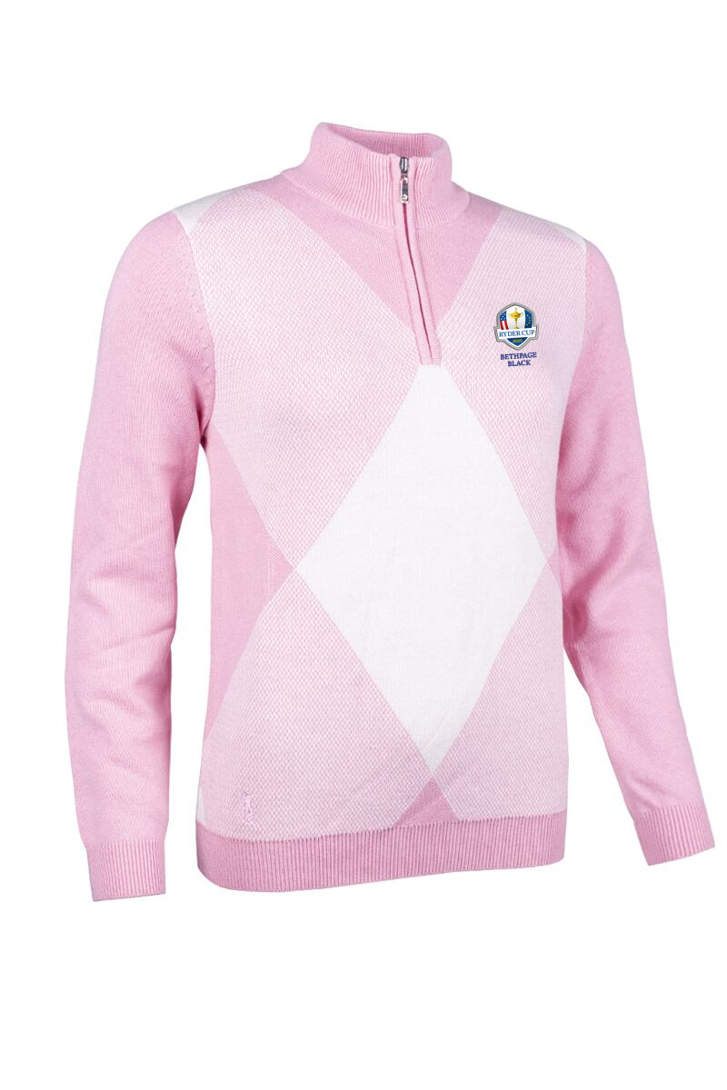 Official Ryder Cup 2025 Ladies Quarter Zip Birdseye Diamond Touch of Cashmere Golf Sweater Candy/White L