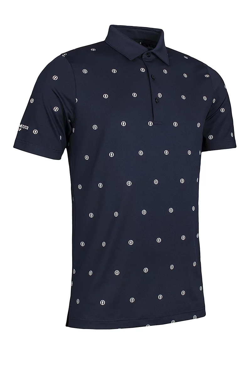 Mens The Open Trophy Print Performance Golf Shirt Navy/White M