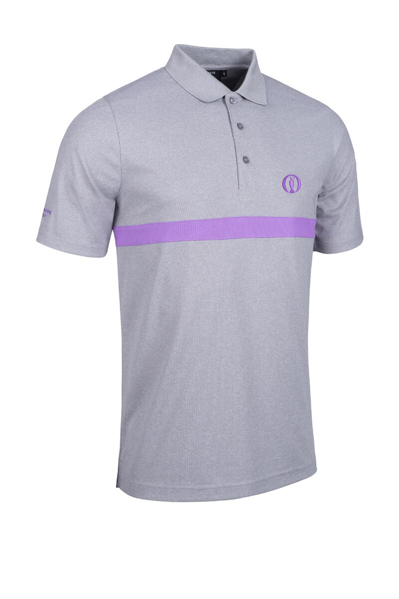 The Open Mens Contrast Chest Stripe Performance Golf Shirt Light Grey Marl/Amethyst M