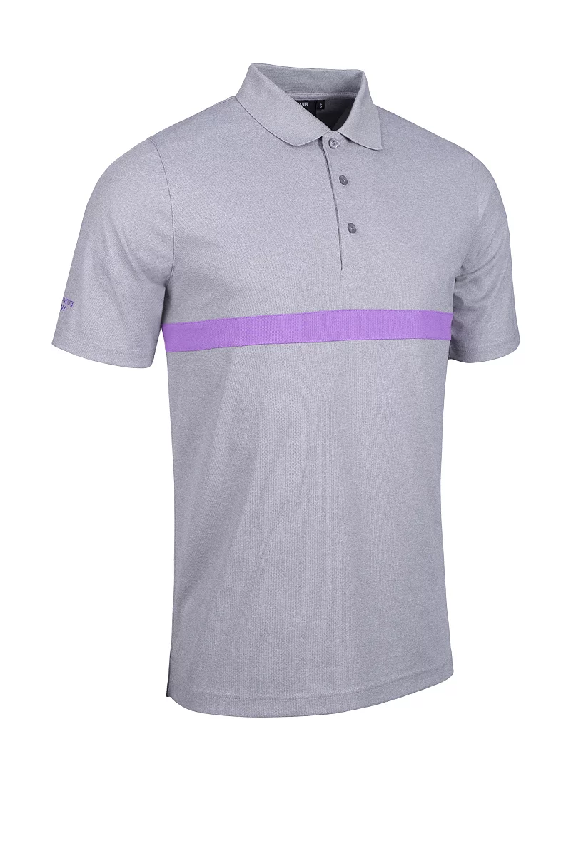 Mens Contrast Chest Stripe Performance Golf Shirt Sale Light Grey Marl/Amethyst XL