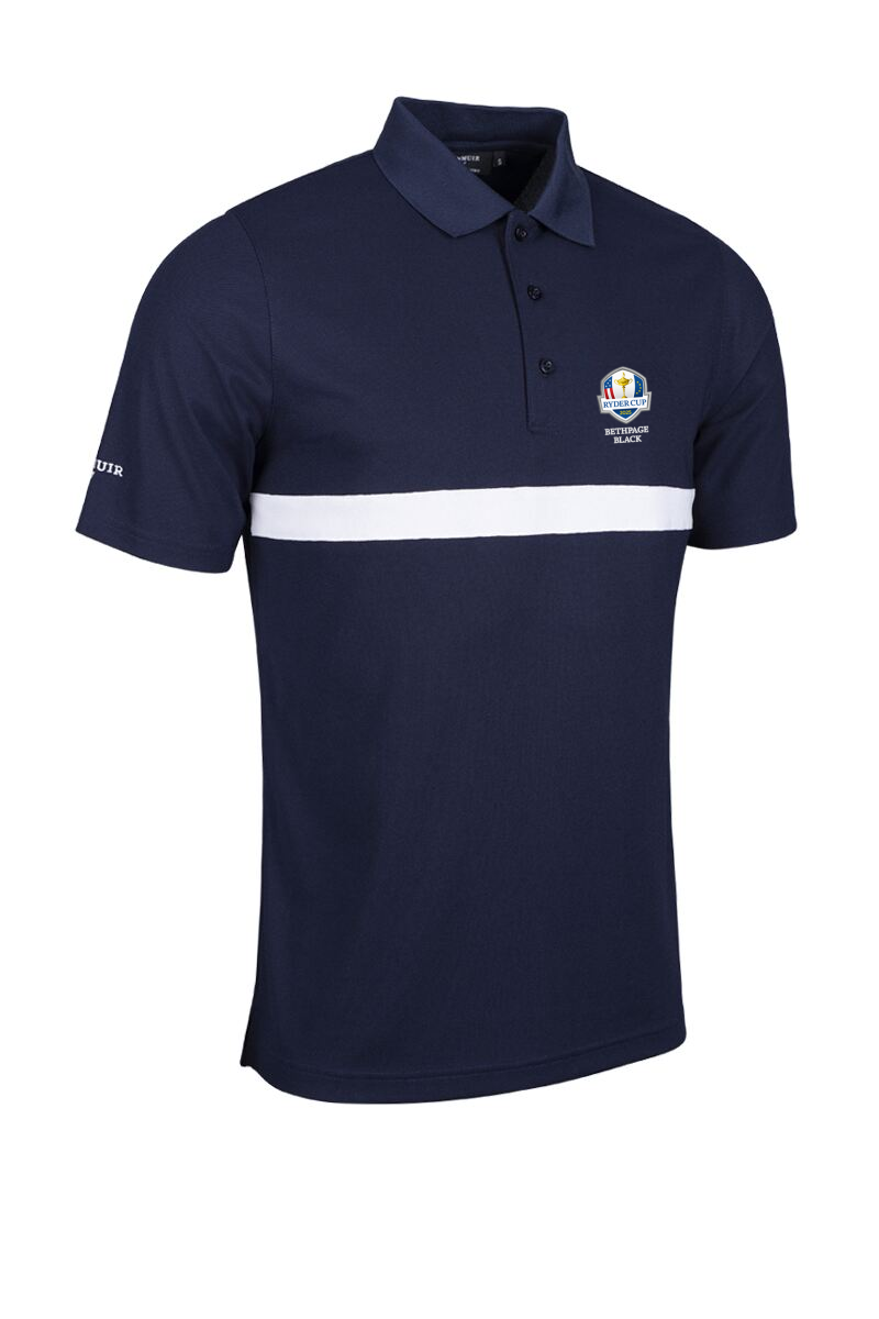 Official Ryder Cup 2025 Mens Contrast Chest Stripe Performance Golf Shirt Navy/White L
