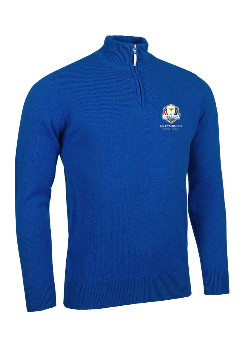 Official Ryder Cup 2025 Mens Quarter Zip Lambswool Golf Sweater Ascot Blue S