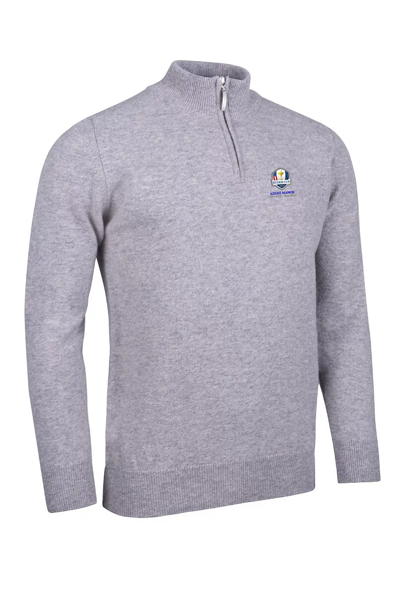 Official Ryder Cup 2027 Mens Quarter Zip Lambswool Midweight Golf Sweater Light Grey Marl XL